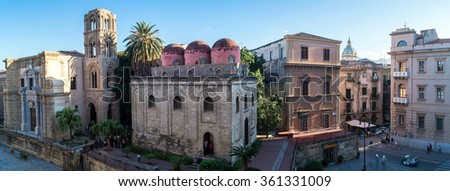 Panoramic view of  Palermo with San Cataldo church and its three characteristics red, bulge domes and Arab-style merlons, Sicily, Italy