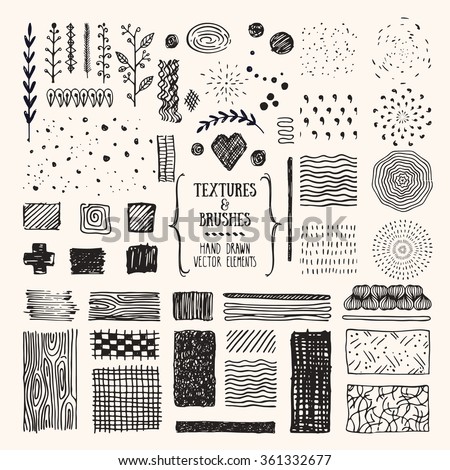 Hand drawn textures and brushes. Artistic collection of vector design elements: art brushes with plants, brush strokes, paint dabs, patterns made with ink. Pattern brushes are included in EPS.