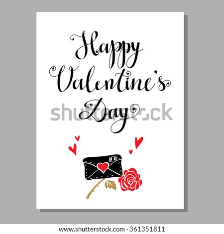 Holiday Valentines day card with envelope, hearts, rose flower, calligraphic text, lettering