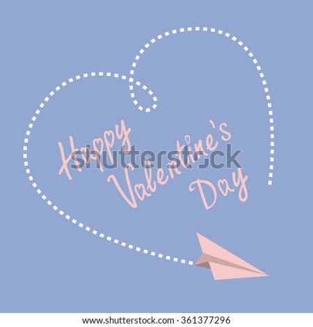 Flying paper plane. Dashed heart in the sky. Happy Valentines Day card. Flat design. Serenity, pink rose quartz color. 