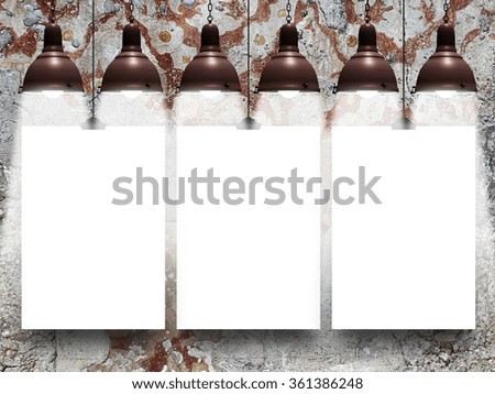 Close-up of three hanged paper sheets with six lamps on Italian fresco wall background