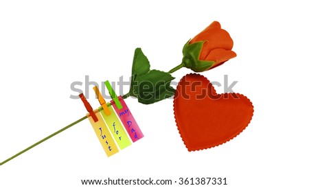 Red love and rose with sticky note clipped using clothes clip with JUST FOR MY DAD - greeting card concept