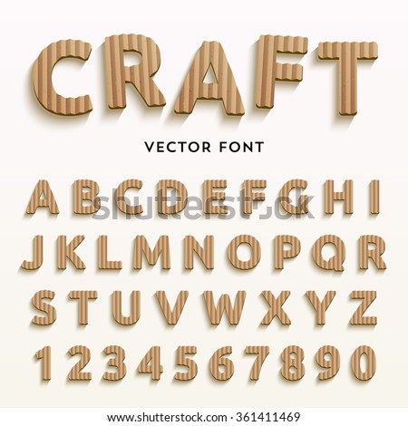 Vector cardboard letters. Realistic paper style font. Typeface made of old brown boxes. Latin alphabet and numbers from A to Z and from 1 to 0.