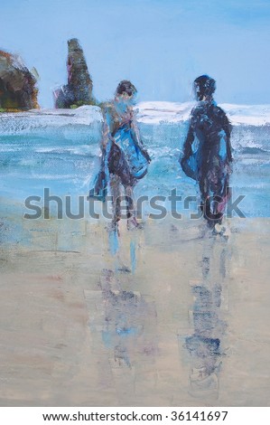 original oil painting on canvas for giclee, background or concept . two boys in wetsuits with boogie boards on beach
