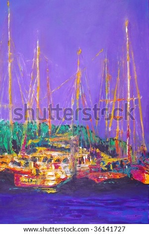 original oil painting on canvas for giclee, background or concept boats harbor scene