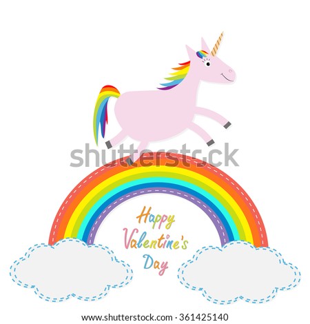 Happy Valentines Day. Love card. Rainbow in the sky. Cute unicorns. Flat design. Vector illustration