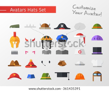 Set of vector isolated flat design hats and caps icon for social network avatars