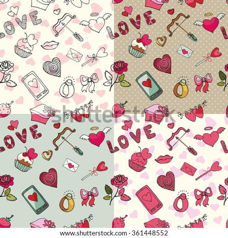 Valentine's day,wedding,love,romantic decor elements in seamless pattern set.Cute Doodle hand drawing decor set.Colored cartoon vector.For fabrics,Wallpaper  background,wrapping paper,backdrop.