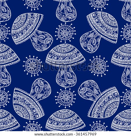 Seamless floral pattern mushrooms grow. Blue and white graphics, painted by hand. For the design and decoration background, wallpaper, packaging, fabrics, textiles.