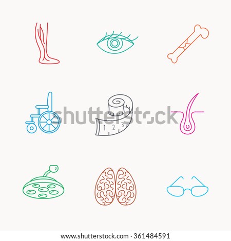 Vein varicose, neurology and trichology icons. Surgical lamp, glasses and eye linear signs. Bone fracture, wheelchair and weight loss icons. Linear colored icons.