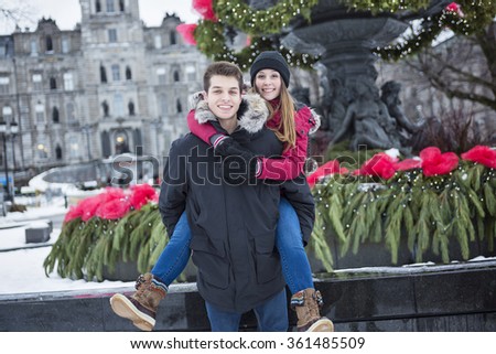 Image of affectionate couple in park on winter season