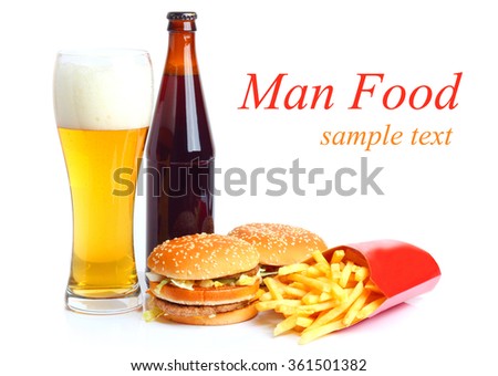 fast food set big hamburger and french fries Beer isolated white background