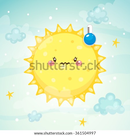 Emotional weather, thermometer with low temperature and frozen Sun, children's illustration, vector.