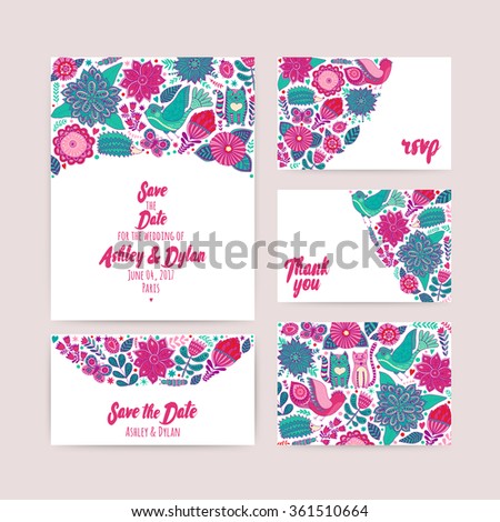 Wedding Invitation template, save the date, invitation and  envelope, thank you card. Wedding set. RSVP card. Marriage event. Valentine day design.