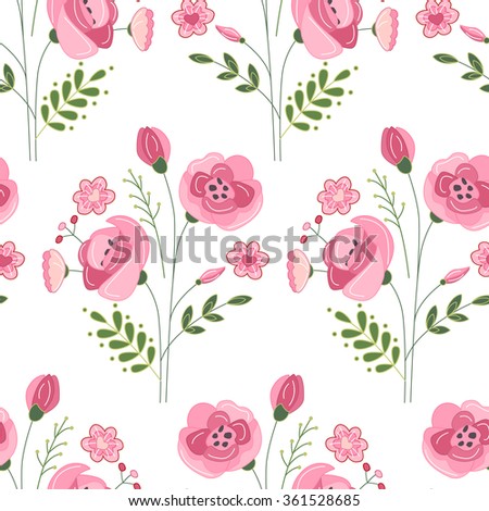 Seamless pattern with stylized cute red roses.  Endless texture for your design, greeting cards, announcements, posters.