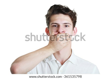 Closeup portrait of white man with hand over his mouth, stunned and speechless, isolated on white background