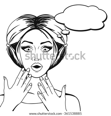 Comic surprised woman face with open mouth outlined, speech bubble for your message. Vintage girl thinking, isolated on white. Vector illustration.