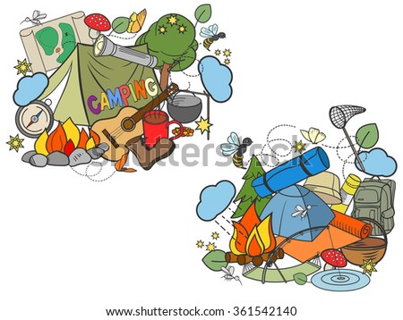 Camping design colorful set vector illustration. Coloring book. Black and white line art