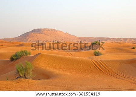 Red sand "Arabian desert" near Dubai, United Arab Emirates Royalty-Free Stock Photo #361554119