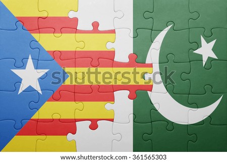puzzle with the national flag of pakistan and  catalonia. concept