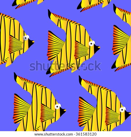 Seamless pattern tropical fish on blue background. Vector illustration.