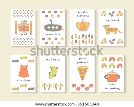 Cute hand drawn doodle baby shower cards, brochures, invitations with drum, pumpkin, leopard, dress, crocodile, pizza, pan, bubble, spots, palm, salami, submarine. Cartoon animals background
