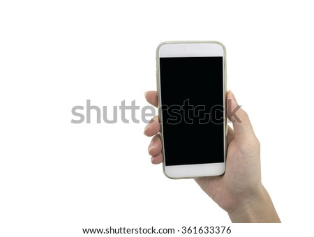 Female Hand holding smart phone isolated over white background - mockup template