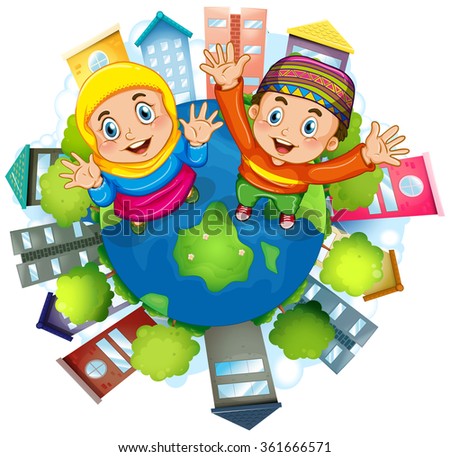 Muslim couple staning on earth illustration
