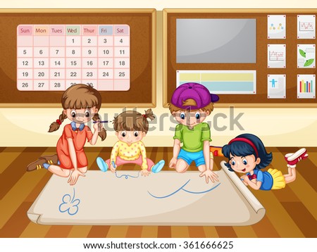 Children drawing on paper in classroom illustration