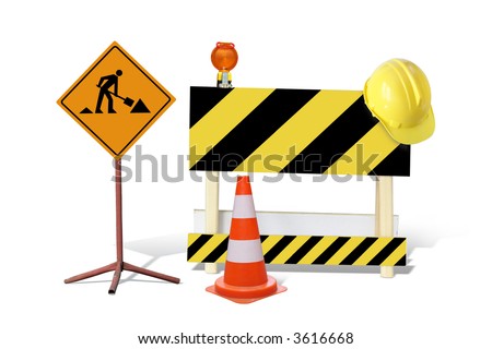 Road construction sign, yellow and black striped barrier with warning light and yellow helmet, marker post isolated on white