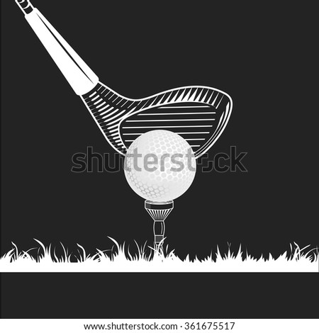 Golf club close-up. Golf club, ball, tee, grass white color on black background. Golf tee with ball and wood club on grass. Golf equipments icons 