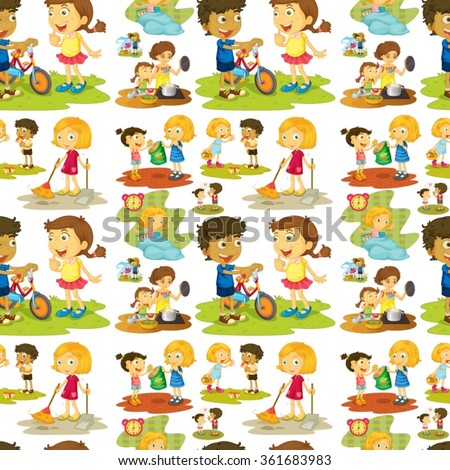Seamless children playing and doing chores illustration