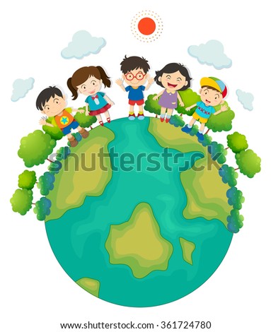 Children standing around the earth illustration