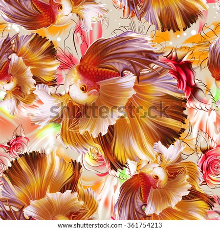 Seamless pattern with golden fish and flowers. Veiltail, lilys, roses