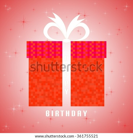 Red gift of red pixels with white ribbon and white inscription happy birthday on a red background with red and white stars