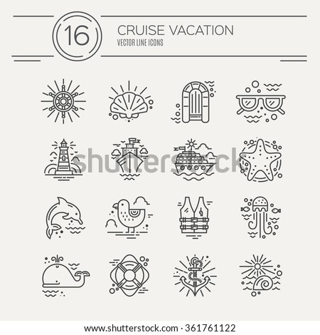 Cruise vacation icons made in trendy line style vector. Summer adventure emblem. Marine symbols. Nautical design elements isolated on background. Labels for maritime company or cruise ship.