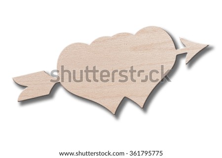 two hearts pierced by the arrow of love of maple wood on white background