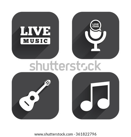 Musical elements icons. Microphone and Live music symbols. Music note and acoustic guitar signs. Square flat buttons with long shadow.