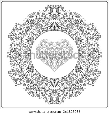 Hand drawn floral mandala with butterflies and decorative Love Heart for Valentine"s day. Vector illustration.Coloring book for adult and older children. Coloring page. Outline drawing.