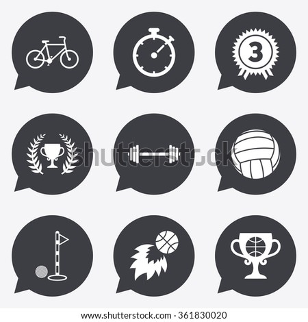 Sport games, fitness icons. Golf, basketball and volleyball signs. Timer, bike and winner cup symbols. Flat icons in speech bubble pointers.