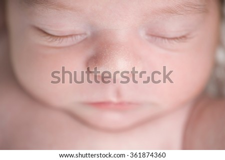 An overhead, close-up shot of the milia on a three week old baby boy's nose. Royalty-Free Stock Photo #361874360