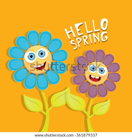 vector spring cartoon flowers on orange background. Hello spring vector illustration