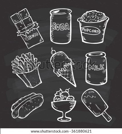 Set of snack doodle on chalkboard background