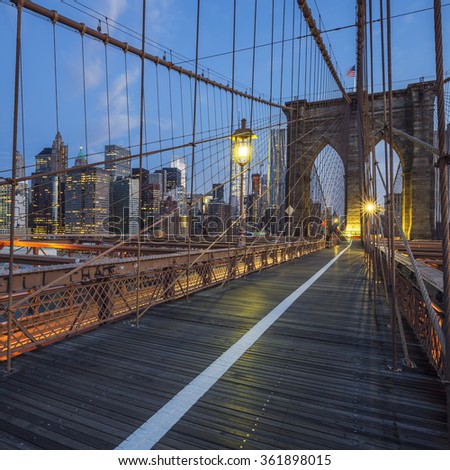 View on Brooklyn Bridge by night, New York, USA.
