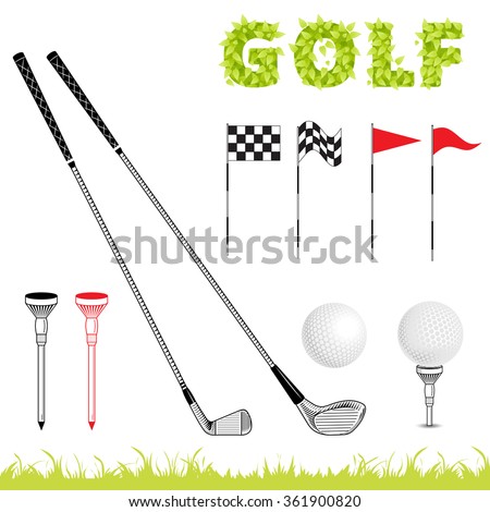 Golf icon set. Vector Set Golf Equipment Icons. Golf collection include: grass, bush, flag, hole,ball, tee, stick, club. Retro poster on sport theme