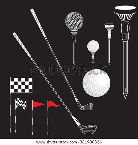 Golf elements can use for poster, banner, flyer. Vector Set Golf Equipment Icons on black board. Golf collection include: flag, hole,ball, tee, stick, club. Black and white color icons for golf