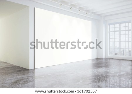 Blank poster in light modern loft gallery with big windows and concrete floor, mock up 3D Render