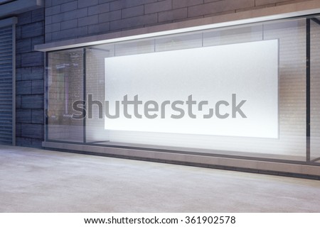 Large blank banner in a shop window at night, mock up 3D Render