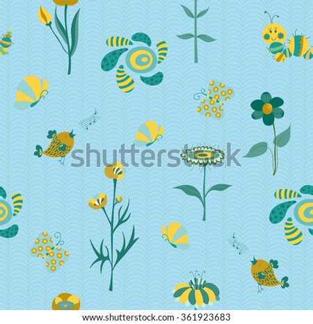 Spring floral seamless pattern. Cute vector background with flowers and funny animals. For wallpaper, scrapbooking, fabric prints, greeting cards, baby shower design, invitations, calendars, etc. 