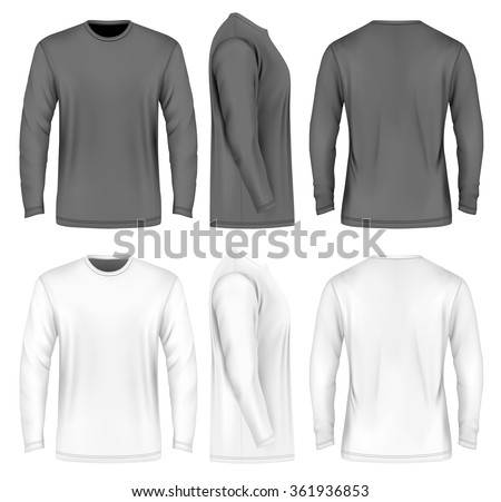 Men's long sleeve t-shirt (front, side and back views). Vector illustration. Fully editable handmade mesh. Black and white variants.